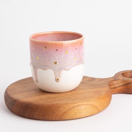 Handmade Porcelain Mug Unique Coffee Mug Pink White Gold Accent One of Kind Hand Painted Ceramic Gift Drip Glaze Artisanal Pottery Tea Lover