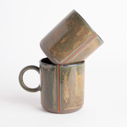 Handmade Ceramic Mug Rustic Glaze Coffee Cup Gift for Coffee Lover Green Orange Stripe Tea Cup Home Office Decor Artisan Pottery Unique
